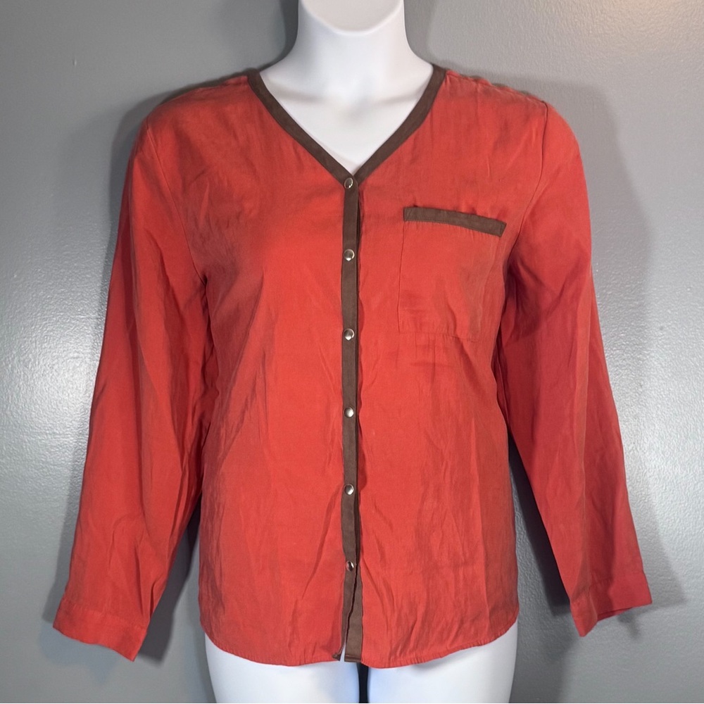Chico’s Rust Orange Button-Front Blouse Brown Tri… - image 5